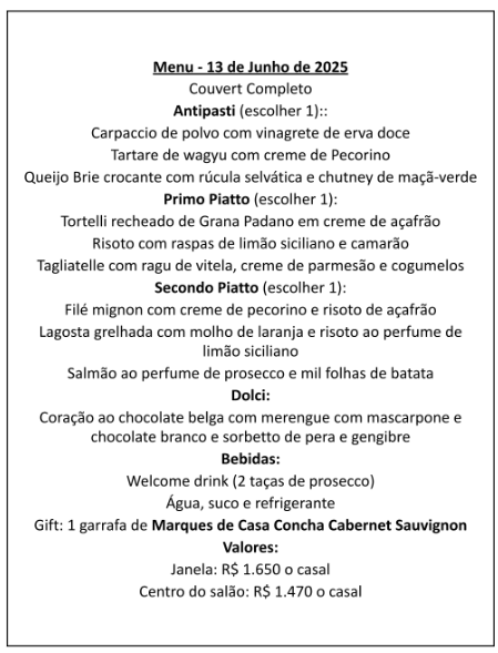 Terraço Itália apresenta menus especiais para o Dia dos Namorados